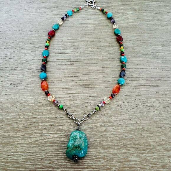 Barse 925 Silver Turquoise Stone Pendant Multicolor Boho Beaded Necklace - Picture 2 of 8